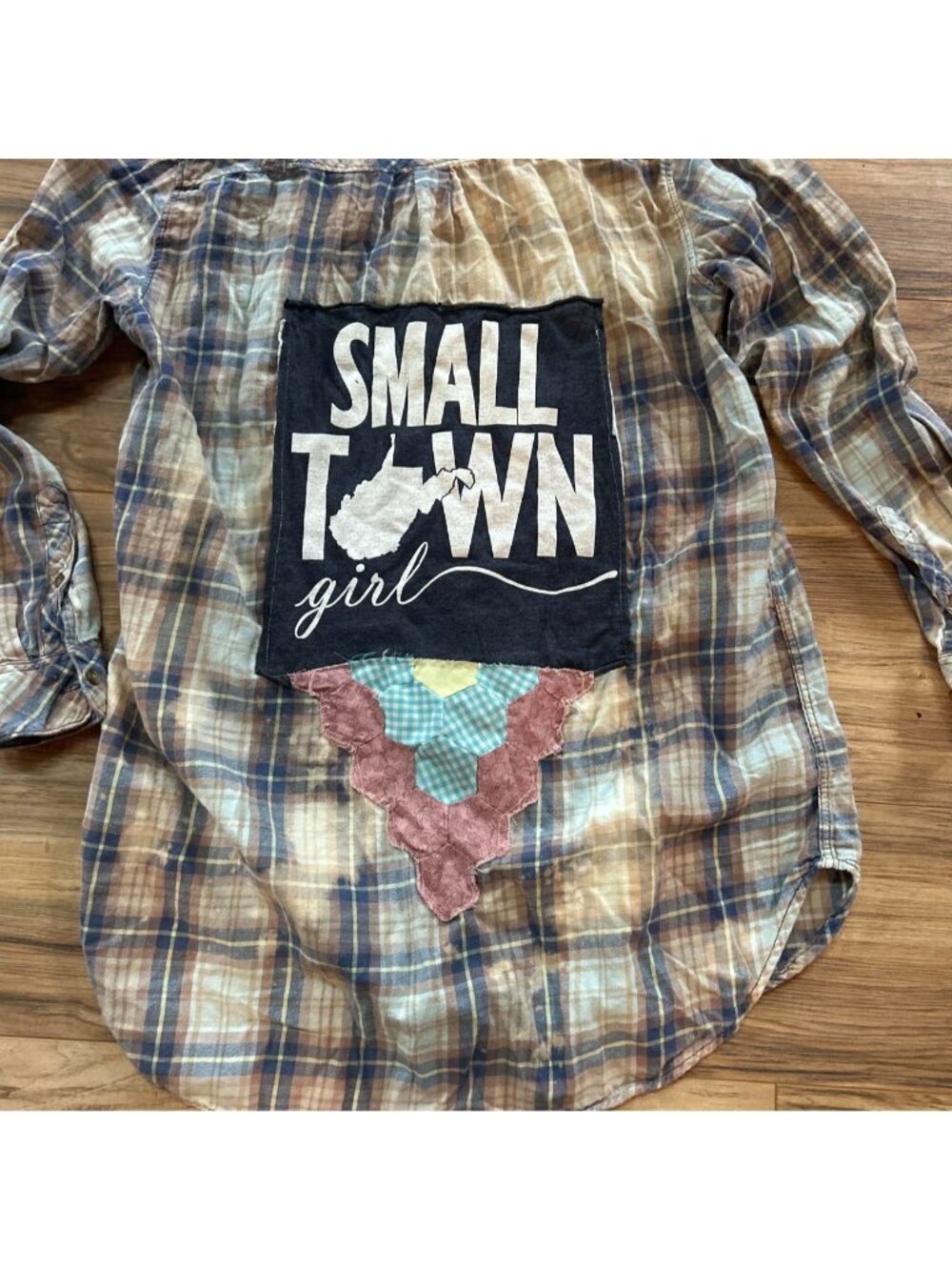 Small town girl up-cycled patchwork shirt with vintage quilt Size 12